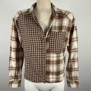 💕AE Brown Plaid women patchwork cropped Shirt S